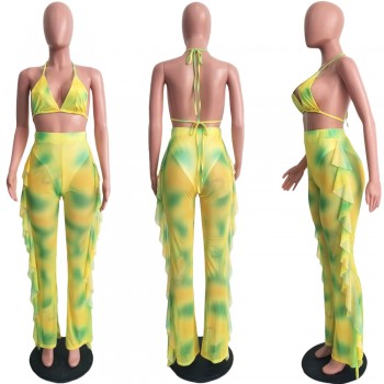 Adogirl Tie Dye Print Mesh Summer Beach Two Piece Set with Panties Women Sexy Bra Halter Crop Top Ruffle Wide Leg Pants Clubwear